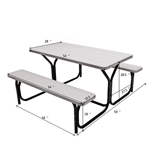 Giantex Picnic Table Bench Set Outdoor Camping All Weather Metal Base Wood-Like Texture Backyard Poolside Dining Party Garden Patio Lawn Deck Large Camping Picnic Tables for Adult (White) - color: White