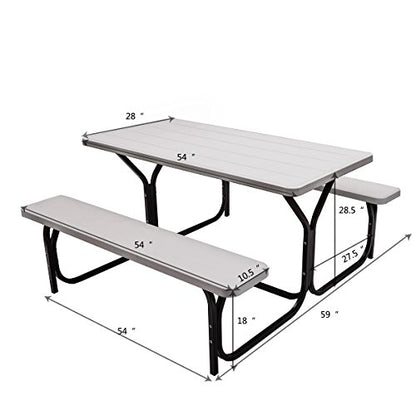 Giantex Picnic Table Bench Set Outdoor Camping All Weather Metal Base Wood-Like Texture Backyard Poolside Dining Party Garden Patio Lawn Deck Large Camping Picnic Tables for Adult (White) - color: White