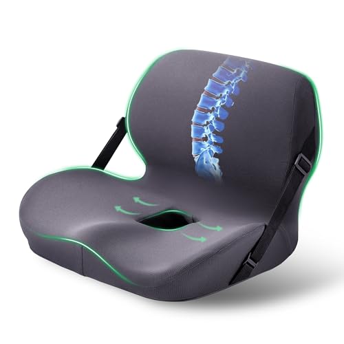 One-Piece Memory Foam Seat & Back Cushion - Lumbar Support, Adjustable Strap, Non-Slip Bottom - Breathable Removable Cover for Office Chair, Car, Truck (Grey) - color: Grey