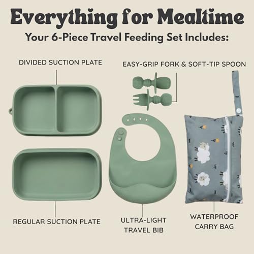 Baby Travel Essentials 6 Pc Silicone Feeding Set - Portable Toddler Plates with Suction, Baby Spoons & Foldable Bib in Carrying Case - BPA-Free Infant & Toddler Utensils for Airplanes & Eating Out - color: Green