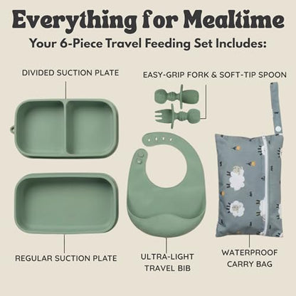 Baby Travel Essentials 6 Pc Silicone Feeding Set - Portable Toddler Plates with Suction, Baby Spoons & Foldable Bib in Carrying Case - BPA-Free Infant & Toddler Utensils for Airplanes & Eating Out - color: Green