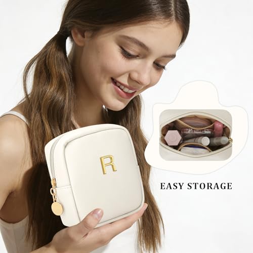 Personalized Birthday Gifts for Women - Initial Makeup Bag Set Travel Toiletry Bag Cosmetic Bags Soft Waterproof PU Leather Makeup Pouch Travel Essentials (R, 1pc Beige) - size: 1pc Beige, style: R