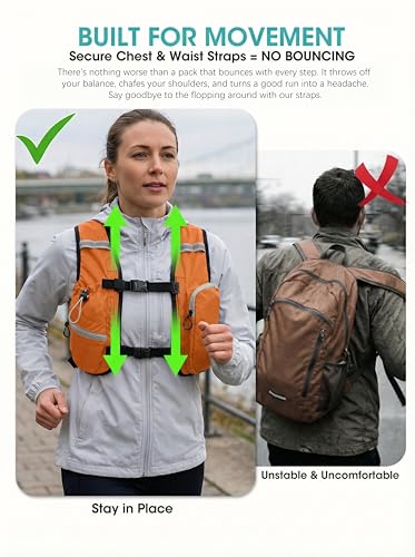Foldable Small Hiking Backpack with 3 Strap Pockets – Lightweight 300D Spill-proof Daypack for Men Women – Packable Small Travel Backpack with Chest Strap & Trekking Pole Holder – Durable Outdoor Bag - color: Orange-