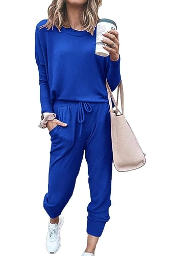 PRETTYGARDEN Women Fall 2 Piece Lounge Outfit Long Sleeve Tops High Waisted Jogger Pants Set Spring Travel Clothes Tracksuit - color: Blue, size: Medium