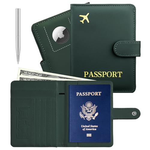 Passport Holder with Airtag Slot Cards Cash Air Ticket Pocket, Travle Gifts for Women Men RFID Blocking Wallet, Passport Book Cover Case Green - color: Green