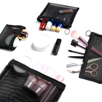 Patu Zipper Mesh Bags, Pack of 4 (S/M/L & Long Pouch), Beauty Makeup Cosmetic Accessories Organizer, Travel Toiletry Kit Set Storage Case, Black - size: 4 Piece Set