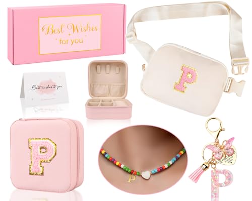Funny Pack for Grandkids Teen Girls Gift, Birthday Gifts for 4 5 6 7 8 9 10 11 12 13 Year Old Girls, Initial Fanny Pack, Teen Girl Gift Trendy Stuff Crossbody Bag Set for Teens, Back To School, P - style: P