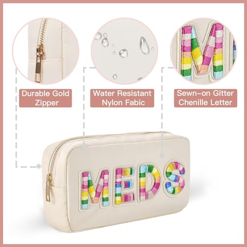 uekeboag 2Pcs Personalized Nylon Rx MEDS Cosmetic Bag, Cute Chenille Letter Patch Medicine Drug Pouch with Zipper,Preppy Makeup Travel Vitamin Bag for Women and Girls (RX+MEDS) - color: RX+MEDS