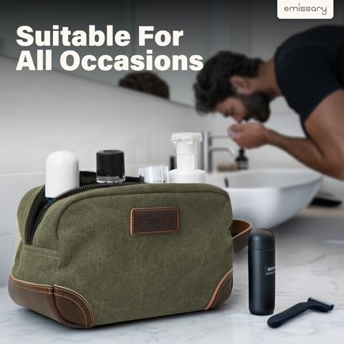 Emissary Men's Leather and Canvas Travel Toiletry Dopp Kit, Shaving Bag (Dark Green) - color: Dark Green