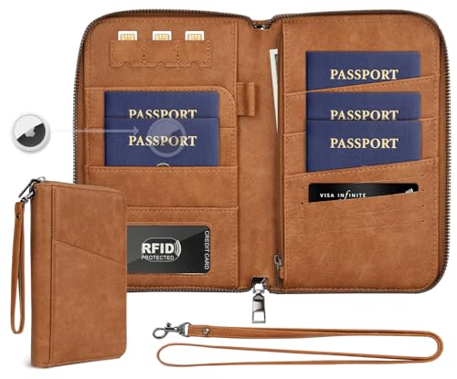 Family Passport Holder Wallet RFID Travel Document Organizer for Women Men, Portable Case Cover for Cards, Boarding Pass with Wrist/Neck Strap, Airtag Pocket, Travel Essentials Gifts -Light Brown, 1pc - color: Light Brown