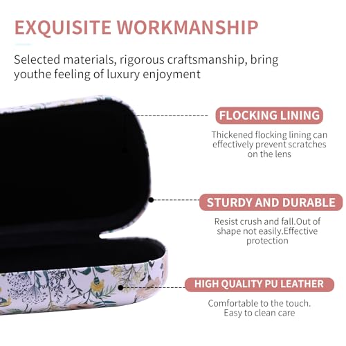 PERFECTSIGHT Sunglasses Case, Large Hard Shell Glasses Case, Cute PU Leather Protective Eyeglasses Case for Women Men - color: White Flower
