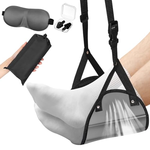 Yerliker Airplane Foot Hammock(Memory Foam) with Earplugs and Eye Mask Travel Necessities Adjustable Airplane Desk Foot Rest for Long Trip Pain and Swelling Relief(Gray) - color: Gray