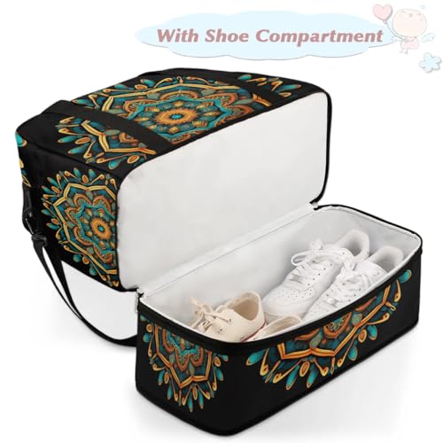 Travel Duffle Bags With Shoes Compartment for Women Men Mandala Flower Ethnic Boho Lightweigh Sports Tote Gym Bag Foldable Canvas Weekender Overnight Carry On Luggage Handle Bag - color: A06:print 1