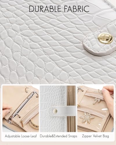 VLANDO Travel Jewelry Organizer Case,Travel Gifts for Women,Portable Jewelry Storage Book Ring Binder with Clear Zipper Velvet Jewelry Pouch Bag-White - color: White Crocodile