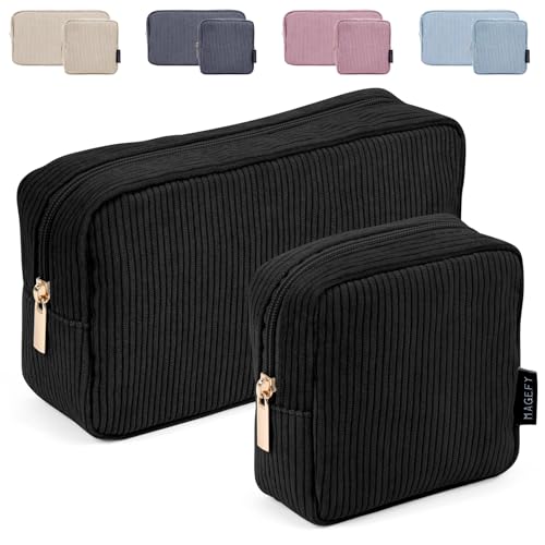 MAGEFY Small Makeup Bag for Purse Mini Cosmetics Bag Corduroy Cute Cosmetic Pouch for Women with Slip-in Pockets - color: Small+Large-Black-2pcs