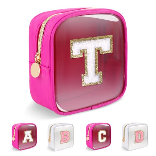 Personalized Initial Letter Clear Preppy Makeup Bag,Mini Nylon Chenille Letter Cosmetic Bag Cute Zipper Pouch Coin Purse for Teen Girls,Portable TSA Approved Travel Essentials Bag Gift for Women,T - color: Mini-Hot Pink, size: T
