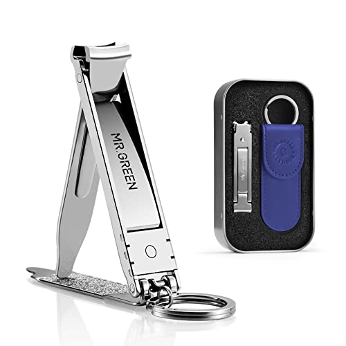 MR.GREEN Collapsible Nail Clippers Small and Thin Portable Travel Nail Scissors Cutter Stainless Steel Manicure Tools with Nail Files (Blue Leather Case+ Iron Box) - size: Blue Leather Case + Iron Box