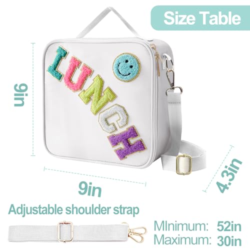 Insulated Lunch Bag With Adjustable Shoulder Strap, Nylon Preppy Lunch Box Large Insulated Lunch Bag Reusable Lunch Tote Bag with Smiley Preppy LunchBag for Girls School Travel Picnic (White) - color: White