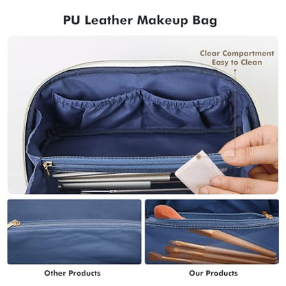 Prite Makeup Bag for Women Travel Waterproof Vegan Leather Cosmetic Bag Open Flat Toiletry Bag With Clear Divider and Handle (Blue Flower, Medium) - color: Blue Flower, size: Medium