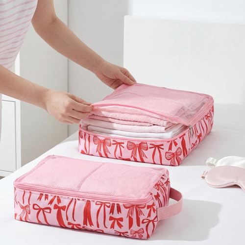 Shinylin 3 Pack Compression Packing Cubes for Travel 3 Size Clothing Bags with Mesh Window for Travel Home Underwear Clothes Accessories Organization Women(Pink bow) - style: Pink bow