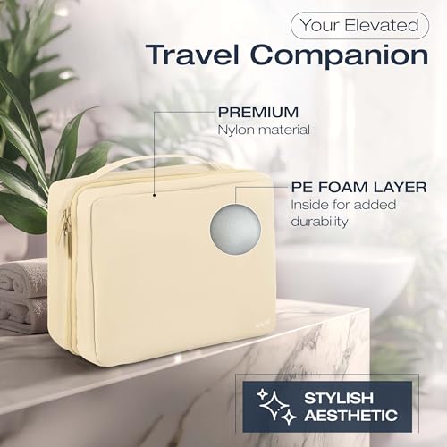 KAZAY Hanging Toiletry Bag with TSA Approved Detachable Pouch, Compact Travel Size, Travel Toiletry Bag, Water Resistant, Premium Nylon, Travel Size Toiletries, Cosmetic Makeup Bag, Unisex (Beige) - color: Beige