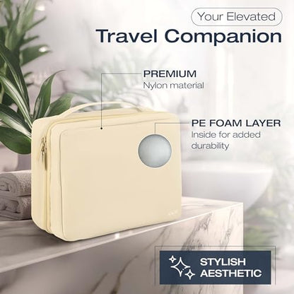 KAZAY Hanging Toiletry Bag with TSA Approved Detachable Pouch, Compact Travel Size, Travel Toiletry Bag, Water Resistant, Premium Nylon, Travel Size Toiletries, Cosmetic Makeup Bag, Unisex (Beige) - color: Beige