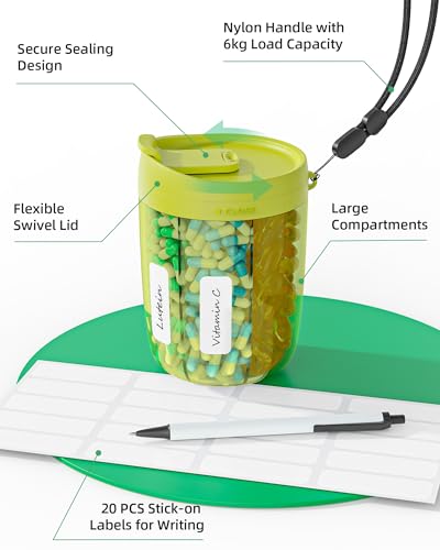 PULIV Large Pill Bottle Organizer, Supplement Organizer for Holding 6 Various Vitamins, Pill Box Case with Anti-Mixing & Wide Opening Design, Easy to Retrieve Meds and 20 Pcs Stick-on Labels, Green - color: Green