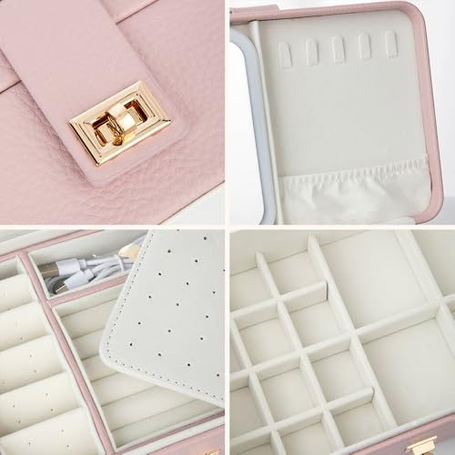 BYFDIY Custom 3-Layer Travel Jewelry Case Personalized Name Birth Flower Jewelry Organizer and Storage With 3 Colors LED Makeup Mirror Mother Jewelrys Box Gifts For Women Nana Size 9.25×6.3×3.54 INCH