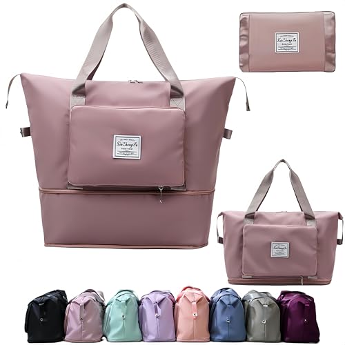 Large Capacity Foldable Travel Bag, Expandable lightweight Carry on Bag, Dry with Wet Separation Spor Duffel Bags (Pink) - color: Pink