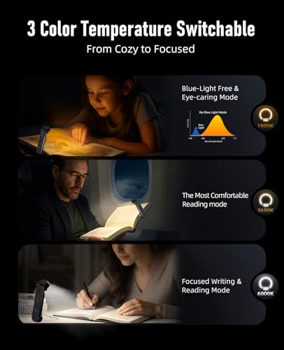 HIONXMGA Book Reading Light,Silent Touch Book Lamp for Reading in Bed,Rechargeable Clip on Booklight with 3 Amber Colors & 7 LEDs Precise Dimming for Eye Caring Night Reading,Books Lovers,Kids,Black - color: Black