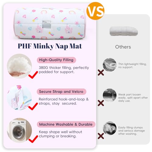 PHF Soft Toddler Nap Mat with Removable Pillow, Rollup Design Kids Sleeping Mat, Slumber Bags for Girls, 50"x20" Toddler Sleeping Bag for Daycare Preschool Travel Camping, Castle - color: Castle