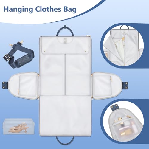 Garment Bags for Travel, Convertible Suit Travel Bag for Women, Stylish Carry On Garment Bag with Toiletry Pocket, Shoulder Strap & Shoes Compartment, 2 in 1 Foldable PU Leather Duffle Bag, Navy Blue - color: Navy Blue