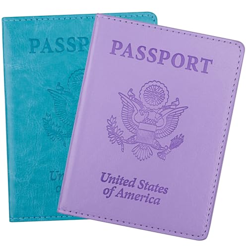Passport Holder for Travel Men Women - Passport Cover, Passport Wallet Case Travel Essentials Travel Must Haves Accessories Blocking Leather Card Slot Protector for Stocking Stuffers Gifts,Blue&Purple - color: 2 Pack - Blue+Purle