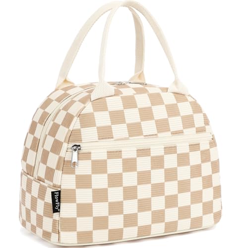 FlowFly Lunch Bag for Women Insulated Lunch Box Corduroy Lunch Tote Cooler for Travel Work Picnic,Corduroy Plaid Khaki - color: Corduroy Plaid Khaki