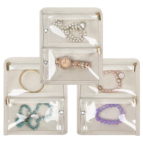 Travel Jewelry Organizer Case,Small Jewelry Bags for Traveling, Jewelry Binder with 24 Pcs Clear Zipper Velvet Pouches (Inner Pages,Beige,3 PCS) - color: Inner Pages,Beige,3 PCS
