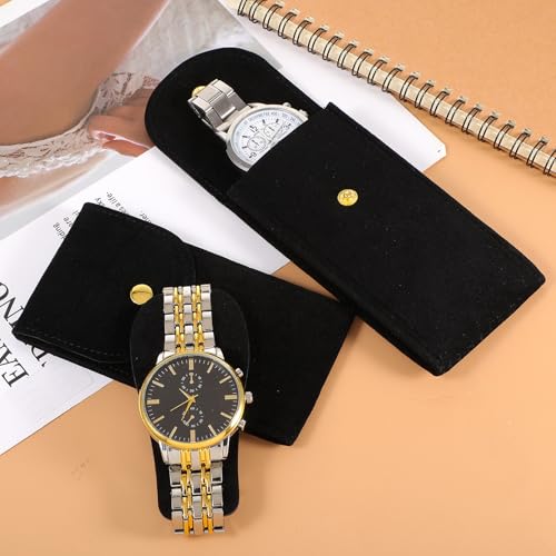 12Pcs Velvet Watch Pouch – Portable Fleece Watch Travel Case, Single Storage Bag with Snap Button & Pre-Cut Gaskets, Soft Jewelry Organizer for Men Women, Black