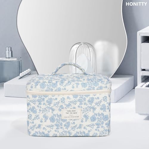 honitty Makeup Bag,Quilted Cosmetic Bags,Large Floral Make Up Bags for Women, Makeup Organize,Flower Travel Toiletry Bag - color: 1PCS-Blue-White