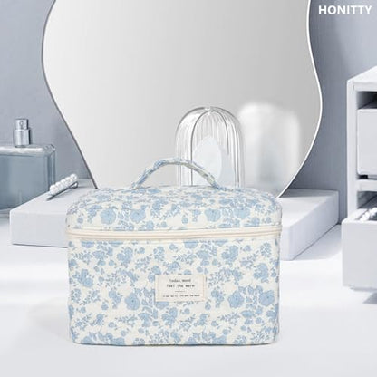 honitty Makeup Bag,Quilted Cosmetic Bags,Large Floral Make Up Bags for Women, Makeup Organize,Flower Travel Toiletry Bag - color: 1PCS-Blue-White