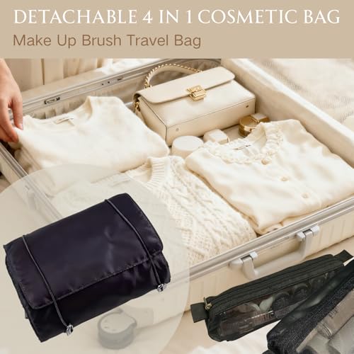 4 in 1 Detachable Roll Up Makeup Bag, Travel Make up Bag Large Capacity, Portable Toiletry Organizer with Mesh Pockets, Foldable Cosmetic Case for Travel, Gym, Home (Black)