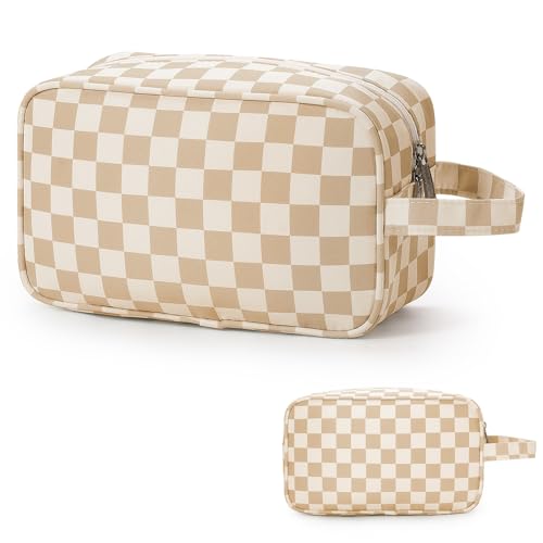 Narwey Checkered Travel Toiletry Bag for Women Traveling Dopp Kit Travel Bag for Toiletries Cosmetic Bag Makeup Bag Medicine Bag for Traveling (Light Brown Checkerboard) - color: B-Light Brown Checkerboard