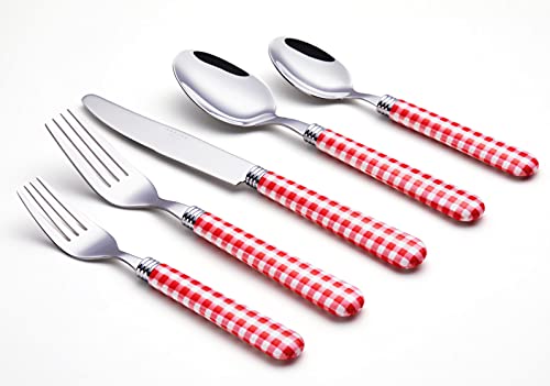 ANNOVA Stainless Steel Colorful Tableware Kitchen Flatware Set Utensils, Includes Dinner Knives, Forks, Spoons, Salad Forks & Dessert Spoons, Modern Rounded Shape (Red Checkered, 20 Pieces) - color: Red