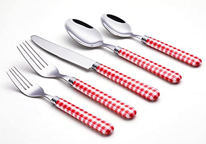 ANNOVA Stainless Steel Colorful Tableware Kitchen Flatware Set Utensils, Includes Dinner Knives, Forks, Spoons, Salad Forks & Dessert Spoons, Modern Rounded Shape (Red Checkered, 20 Pieces) - color: Red