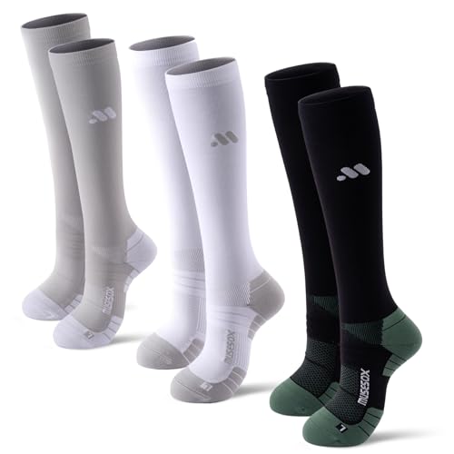 Compression Socks for Women and Men,Knee High 15-20mmHg Graduated Support(3 Pairs) Best for Nurses,Pregnant,Travel - color: A03-black/White/Gray, size: Medium