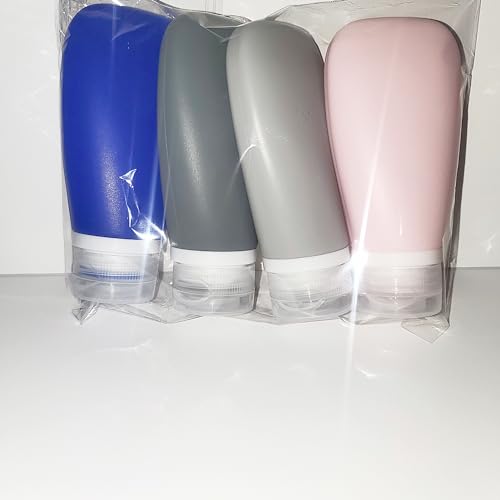 Travel Bottles for Toiletries, TSA Approved 3oz (90ml) Leak Proof Silicone Refillable Squeeze Travel Size Containers BPA Free for Cleansers, Lotions, Shampoo 4pk color (P,G,Blk,Blue) - color: Blue-Black-Pink-Gray