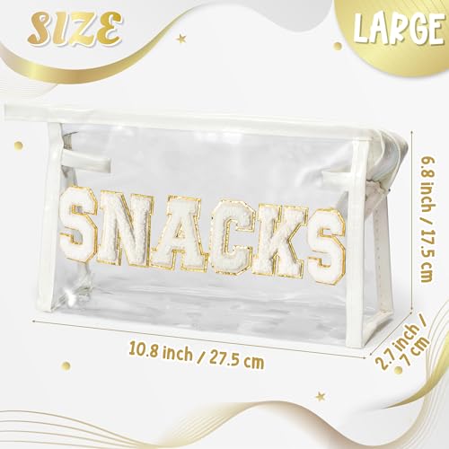 Y1tvei SNACKS Clear Makeup Bag - Preppy Patch White Chenille Varsity Letter Transparent PVC Large Cosmetic Pouch Portable Waterproof Travel Organizer Toiletry Compliant Carry Bag for Women Girl(White) - color: White SNACKS White