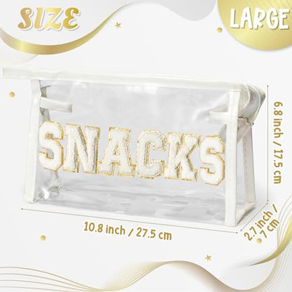 Y1tvei SNACKS Clear Makeup Bag - Preppy Patch White Chenille Varsity Letter Transparent PVC Large Cosmetic Pouch Portable Waterproof Travel Organizer Toiletry Compliant Carry Bag for Women Girl(White) - color: White SNACKS White