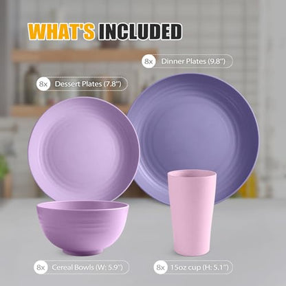 Teivio 32-Piece Kitchen Plastic Wheat Straw Dinnerware Set, Service for 8, Dinner Plates, Dessert Plate, Cereal Bowls, Cups, Unbreakable Colorful Plastic Outdoor Camping Dishes, Purple Ombre - color: Purple Ombre