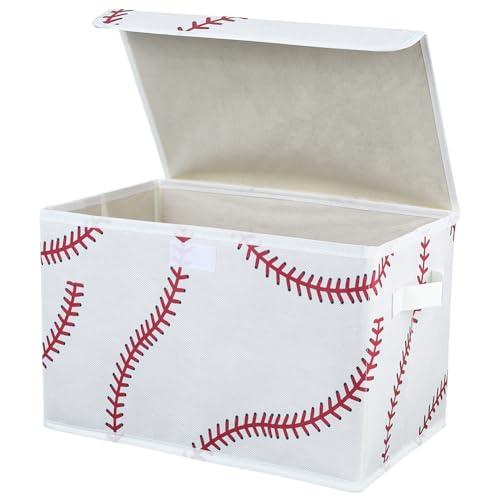 Sports Themed Storage Box Baseball Storage Bin Decorative Baseball Collapsible Organizer Boxes with Lids and Carrying Handle Rectangle Fabric Folding Containers for Bedroom Closet Shelves - color: Baseball