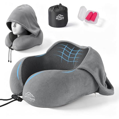 SkytraxComf® Travel Neck Pillow with Hood for Privacy on Long Flights | Memory Foam | Airplane Sleep | Safety-Tested Materials | Extra Large Hood | Chin Support | Earplugs | Washable Cover - color: Light Grey