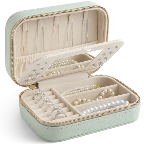 Genuine Leather Travel Jewelry Organizer Case with Mirror for Women, Small Mini Portable Jewelry Box for Ring Earrings Necklace Bracelet Luxury Gift for Women（Mint Green） - color: Lychee Grain Leather Mint Green